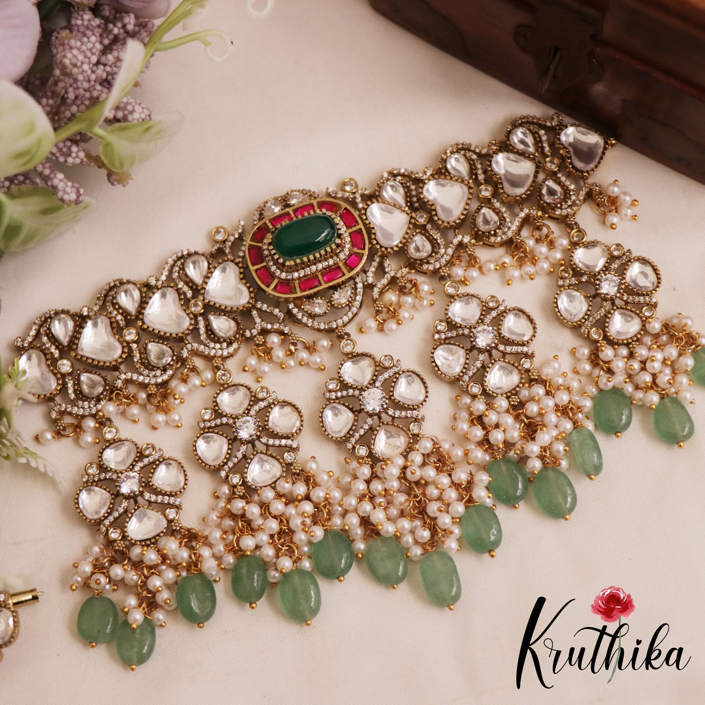Stunning Floral Moissanite Jadau Choker With Pearl And Bead Drops NC2900