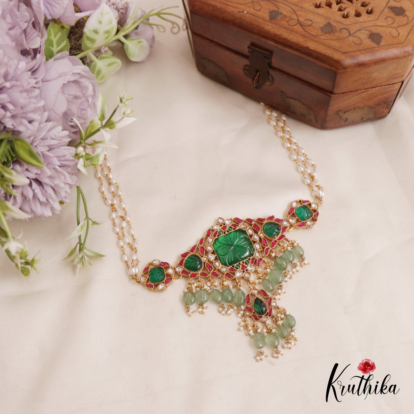 Stunning Geometric Jadau Choker With Pearl And Bead Drops NC2581