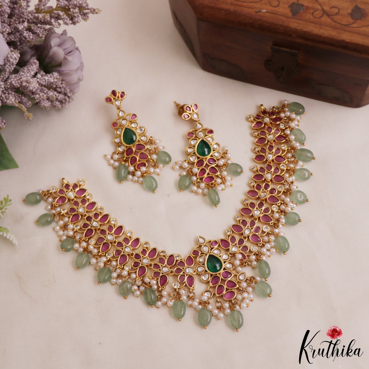 Beautiful Teardrop Motifs Jadau Choker With Green Bead Drops NC2980