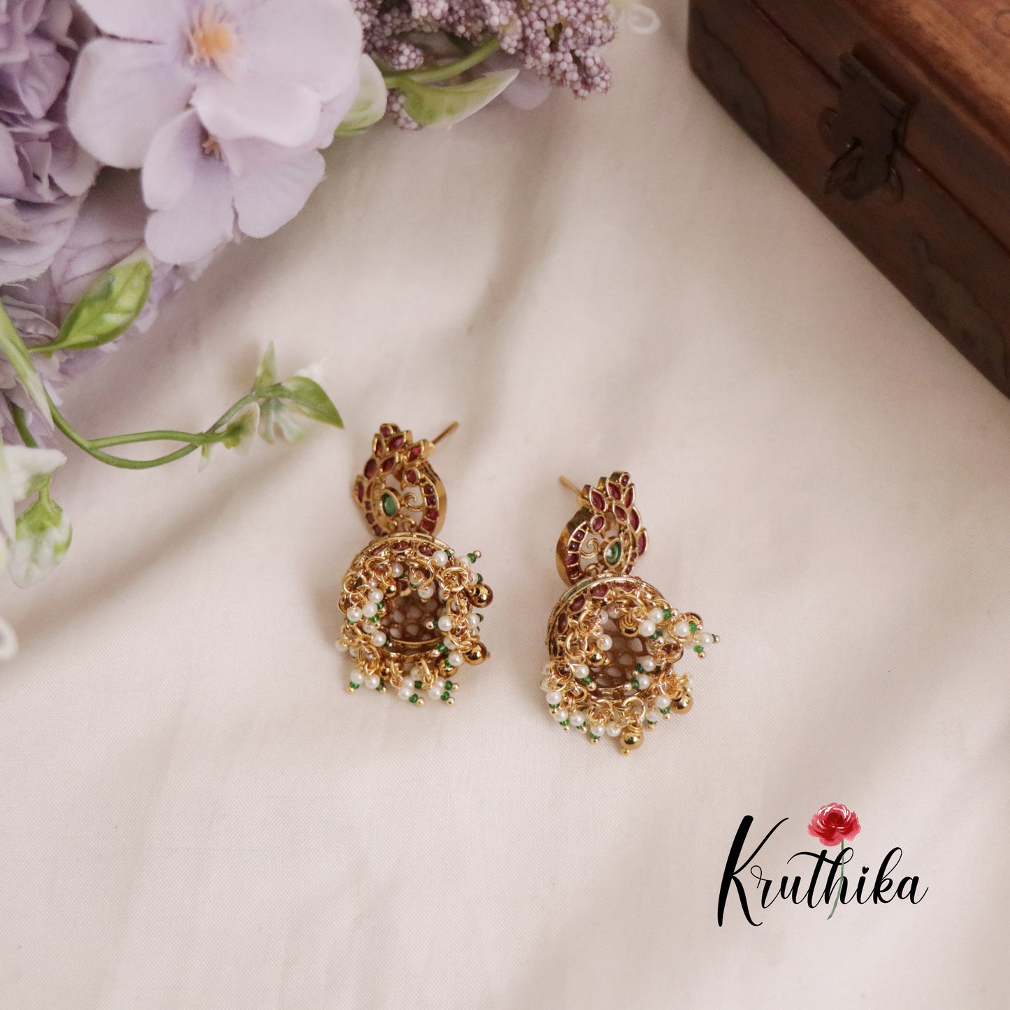 Beautiful Kemp Peacock Jhumka with Pearl Drops E627