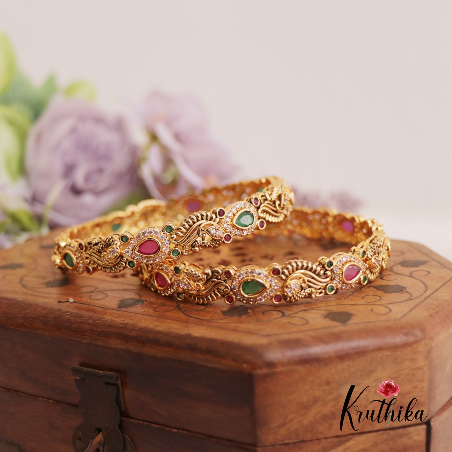 Beautiful Teardrop Peacock Motifs Kemp Bangles B427 (Set Of 2)