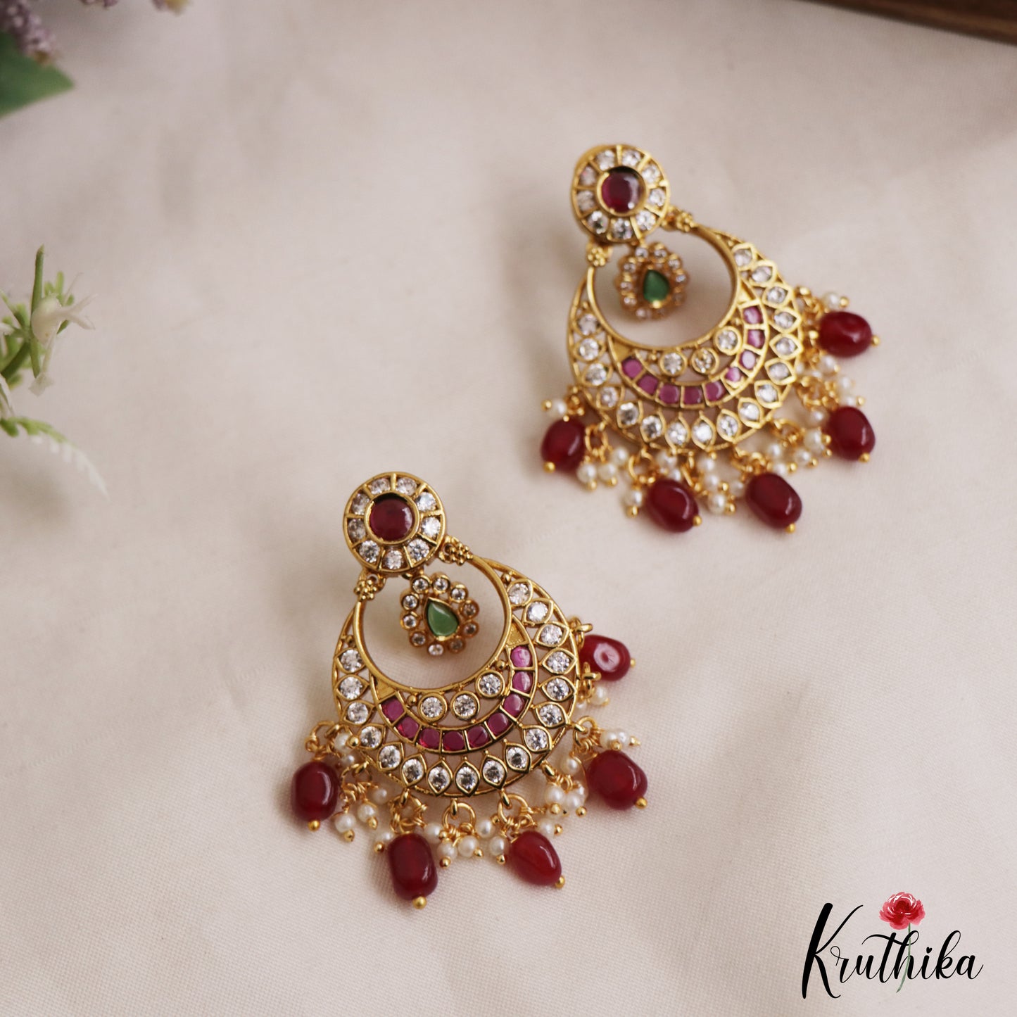 Classic Floral Motifs Chandbali AD Earrings With Bead Drops E1089 (Available In 2 Colors)