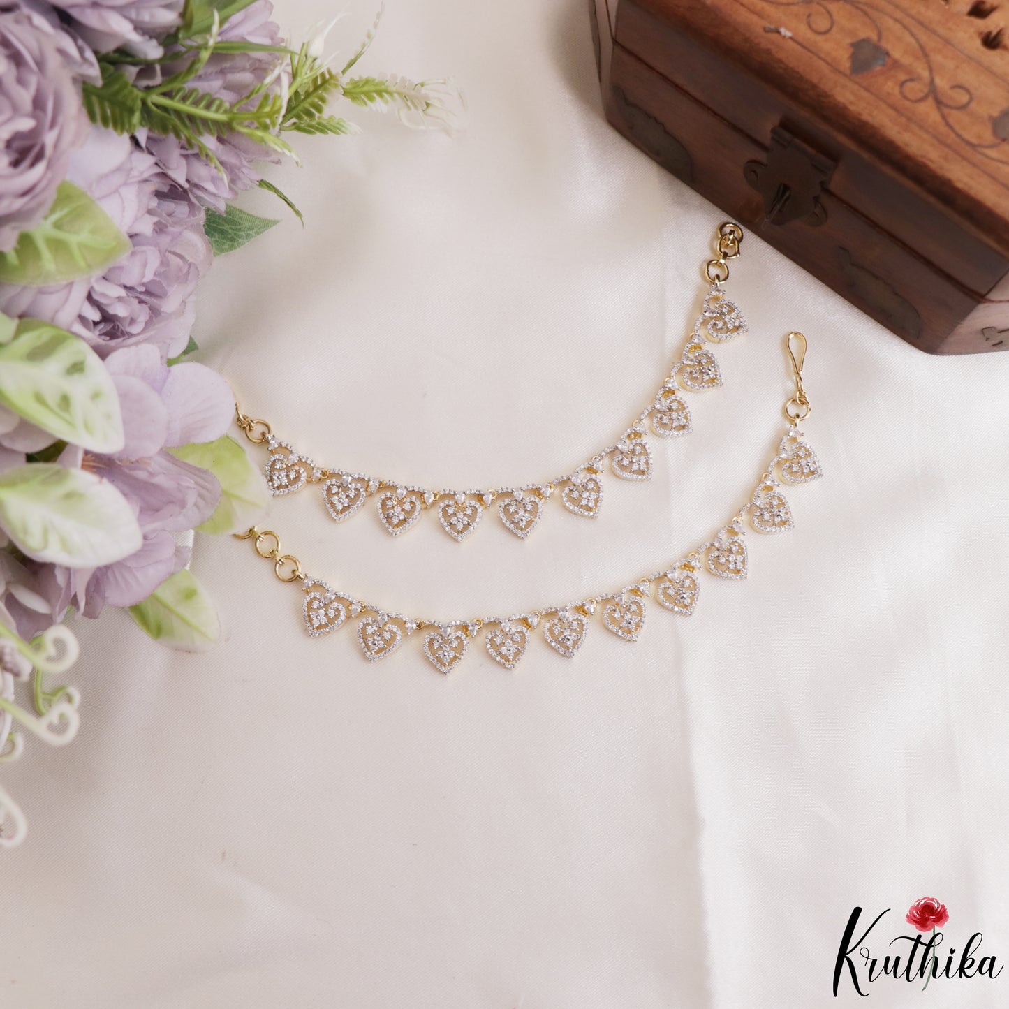 Classic Floral Heart Motifs Gold-Tone CZ Earchains EC236