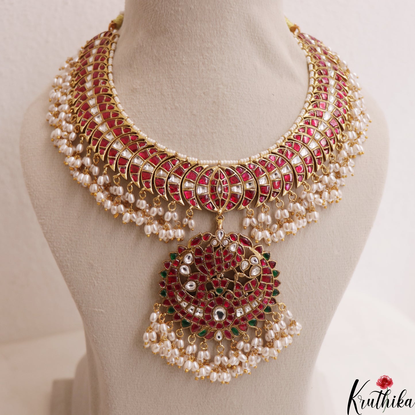 Gorgeous Geometric Motifs Jadau Necklace With Pearl Drops NC3005