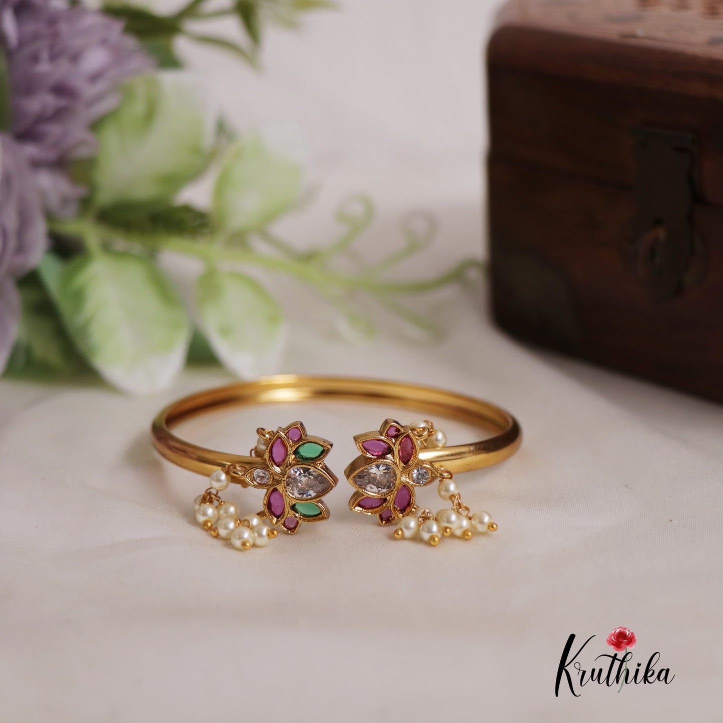 Beautiful Lotus Pearl Drops Openable Kada B300 (Available In 3 Colors)