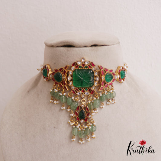 Stunning Geometric Jadau Choker With Pearl And Bead Drops NC2581