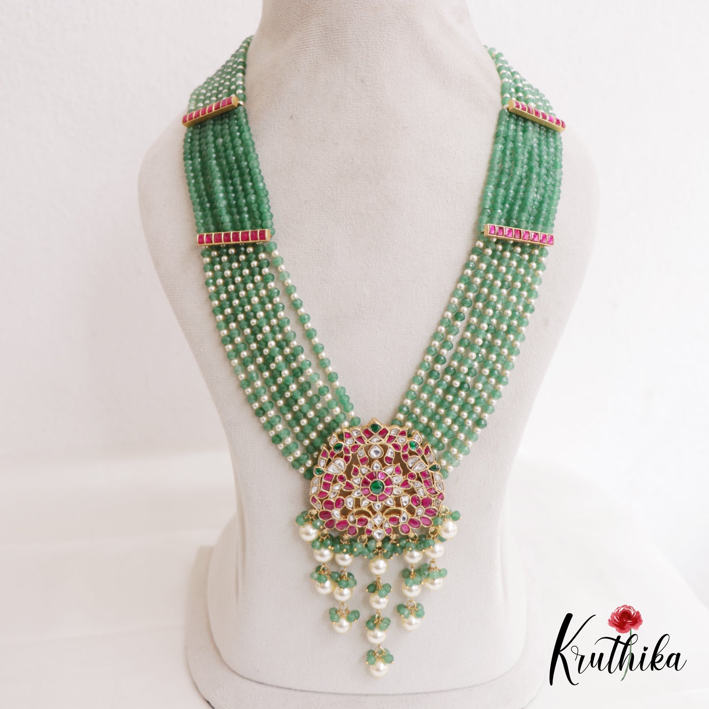 Stunning Floral Motifs Multi Strands Green Beaded Jadau Haaram LH2047