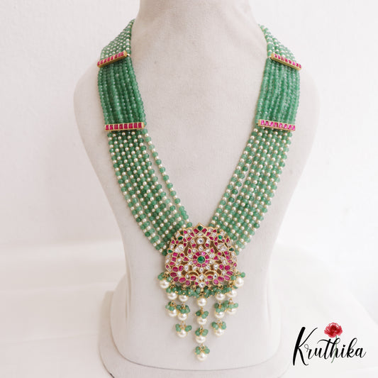 Stunning Floral Motifs Multi Strands Green Beaded Jadau Haaram LH2047