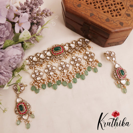 Stunning Floral Moissanite Jadau Choker With Pearl And Bead Drops NC2900