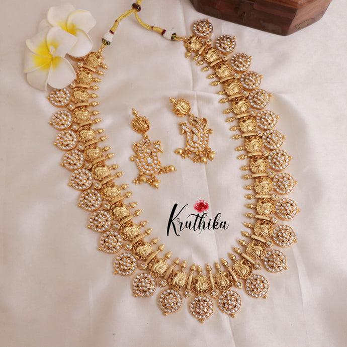 Premium Kundan stone Elegant Temple Lakshmi Haaram with Pastel Green Beads LH1870 with peacock design LH1859