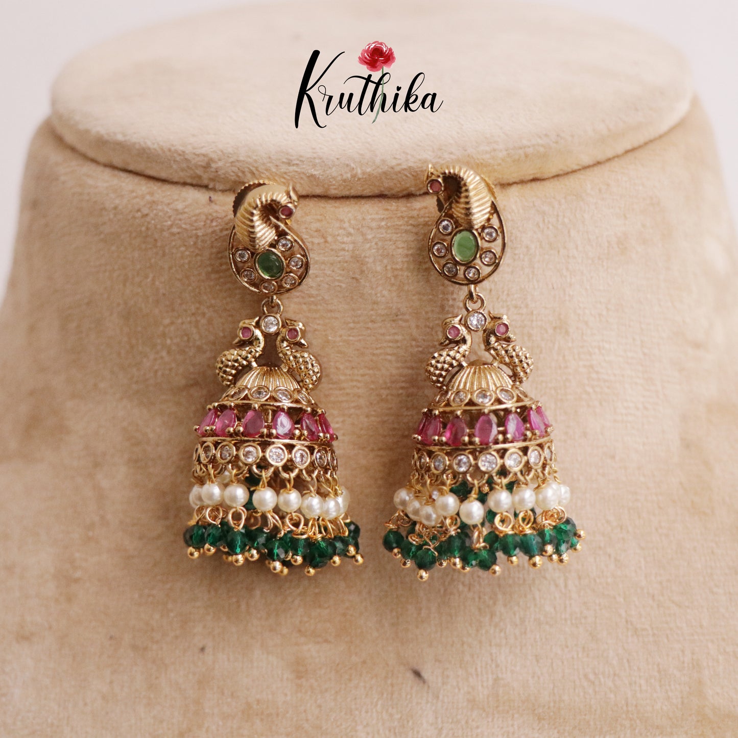 Simple Kemp Peacock Jhumka with Beads Drops E633  (Available in 3 Colors)