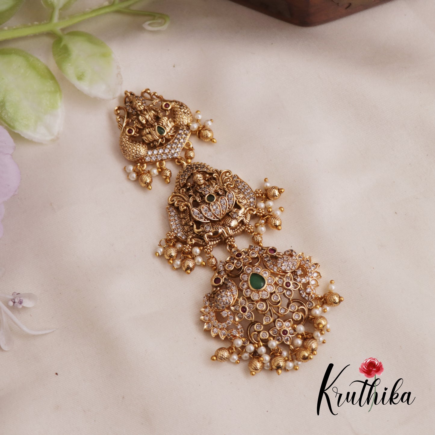 Traditional CZ Lashmi Peacock Motif With Pearl And Gold Bead Drops Jada Billa J266
