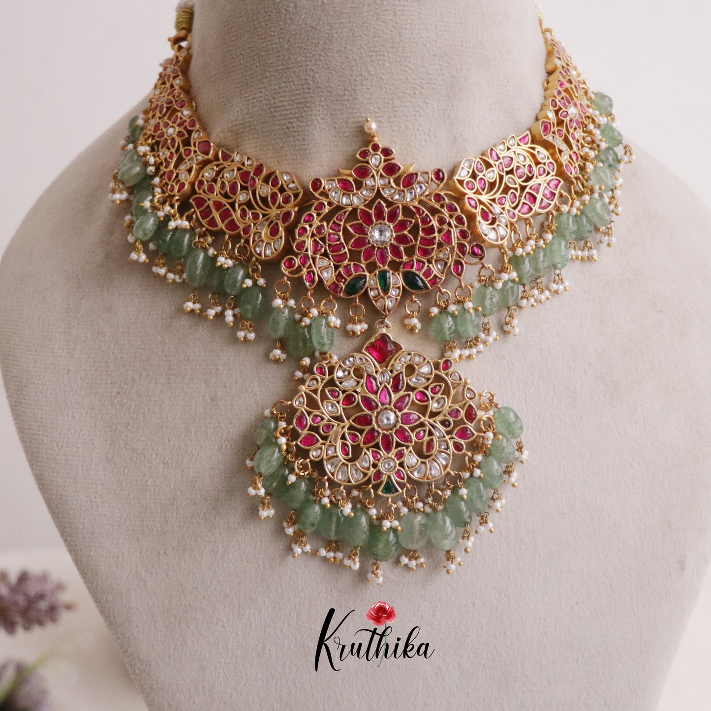 Gorgeous Floral Jadau Necklace with Green Beads Drops NC2199