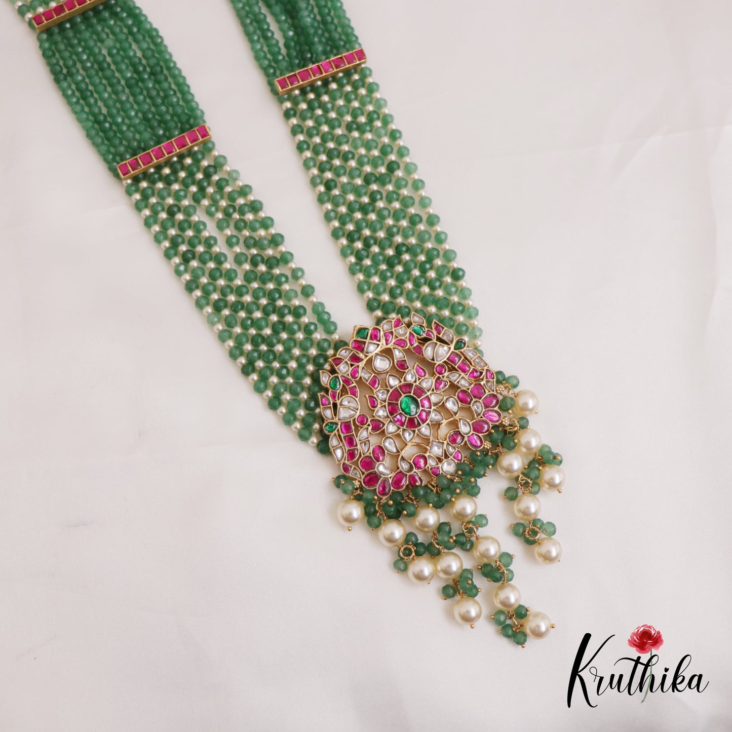 Stunning Floral Motifs Multi Strands Green Beaded Jadau Haaram LH2047