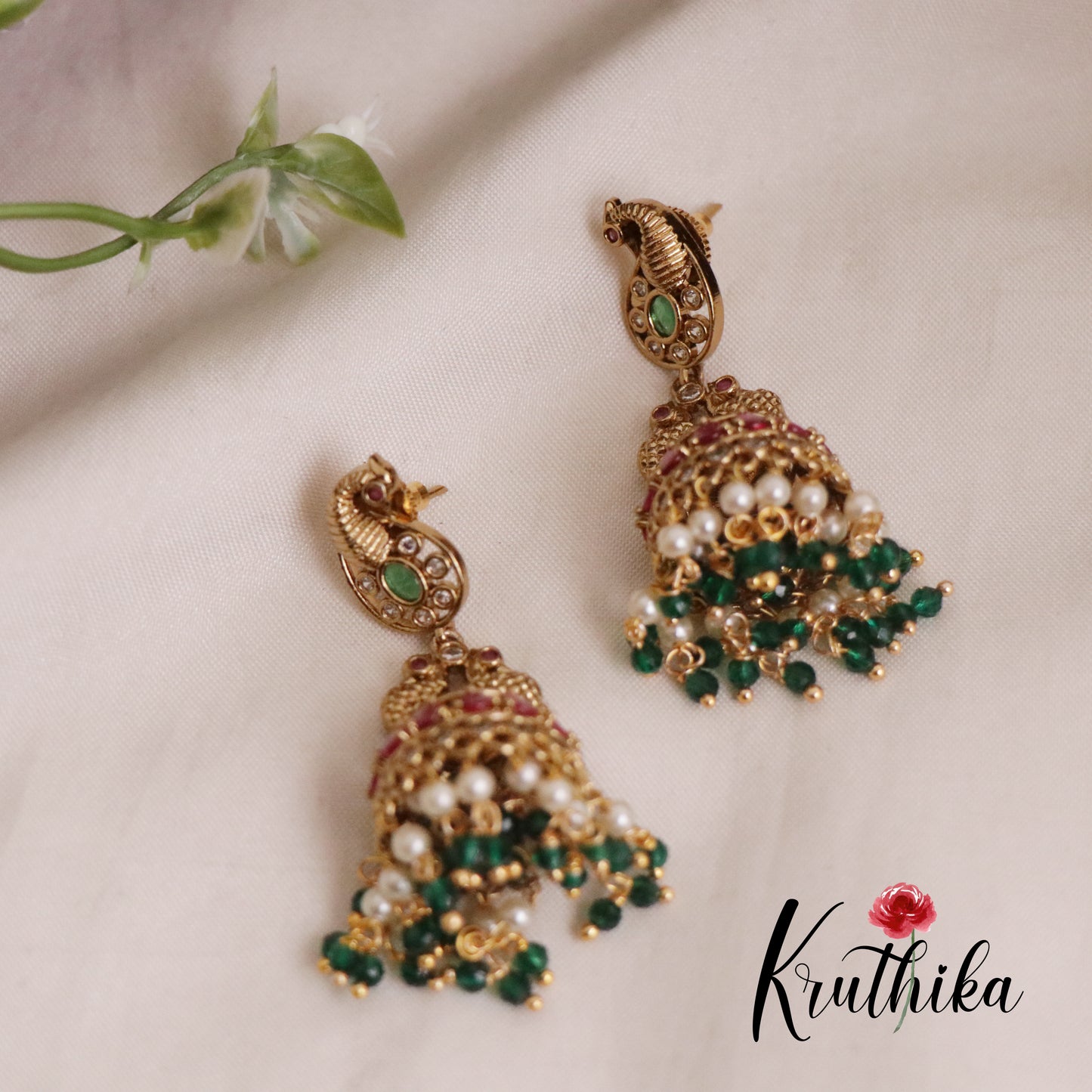 Simple Kemp Peacock Jhumka with Beads Drops E633  (Available in 3 Colors)