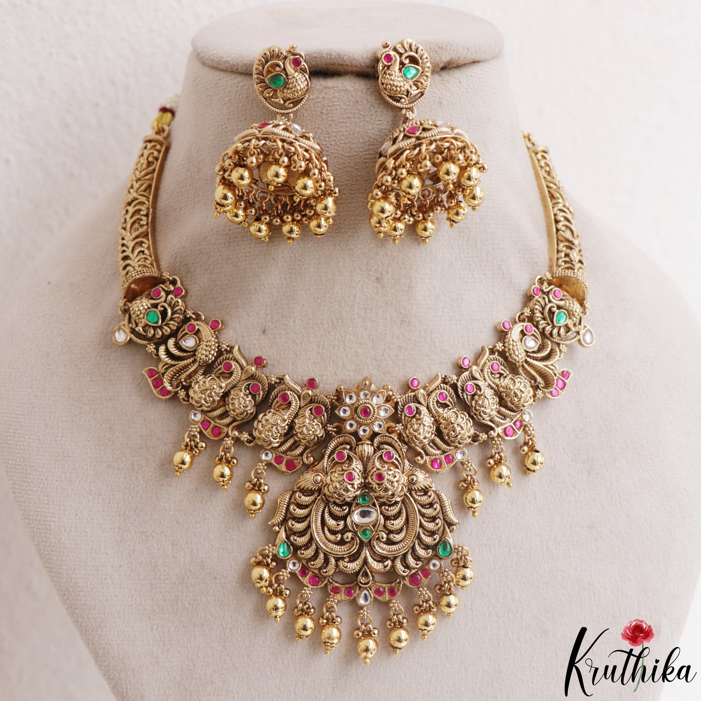 Gorgeous Antique Peacock Motifs Temple Necklace With Bead Drops NC3139 (Available In 2 Colors)