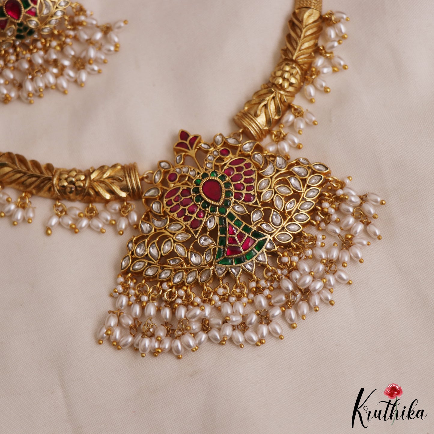 Gorgeous Peacock Motifs Jadau Hasli Necklace With Pearl Drops NC2970 (Available In 3 Colors)
