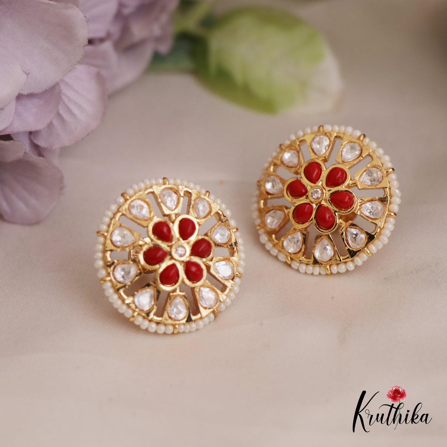 Trendy Pearl Border Floral Motifs AD Stud Earrings E991 (Available In 6 Colors)