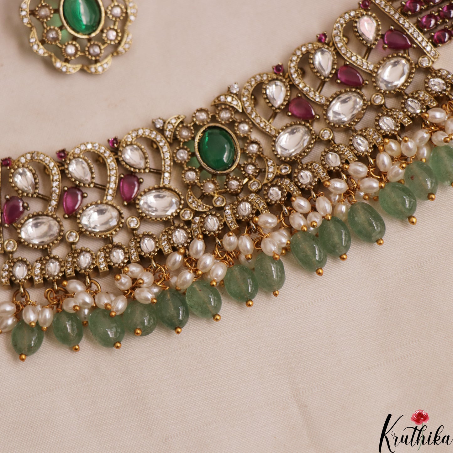 Sparkling Teardrop Motifs Polki Victorian Choker With Green Bead Drops NC3006