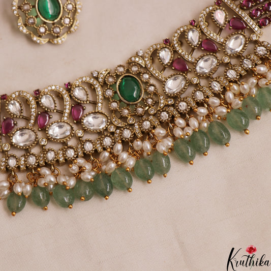 Sparkling Teardrop Motifs Polki Victorian Choker With Green Bead Drops NC3006