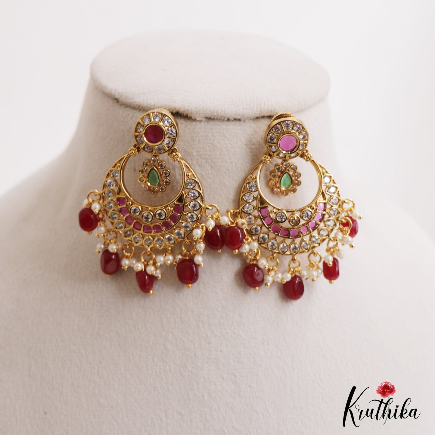 Classic Floral Motifs Chandbali AD Earrings With Bead Drops E1089 (Available In 2 Colors)