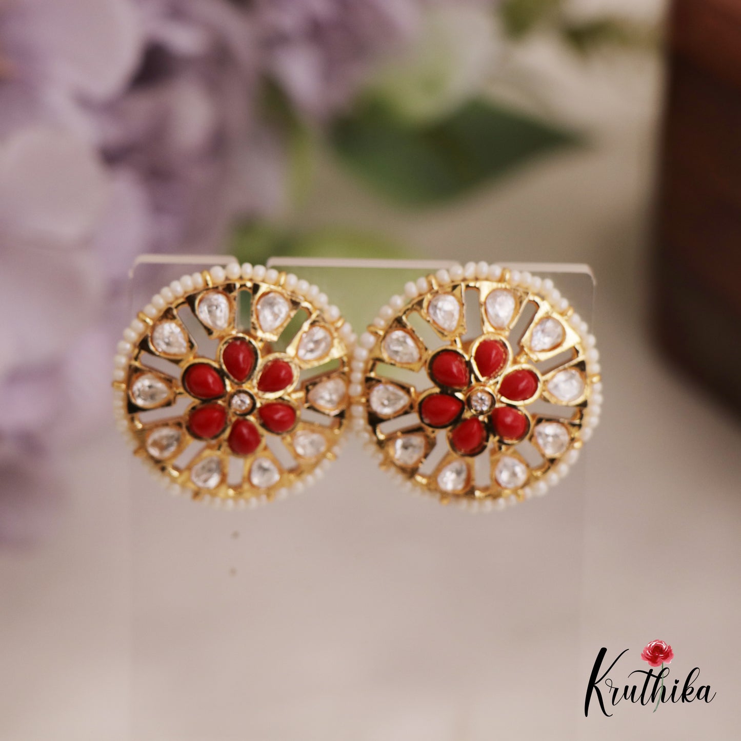 Trendy Pearl Border Floral Motifs AD Stud Earrings E991 (Available In 6 Colors)