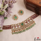Sparkling Teardrop Motifs Polki Victorian Choker With Green Bead Drops NC3006