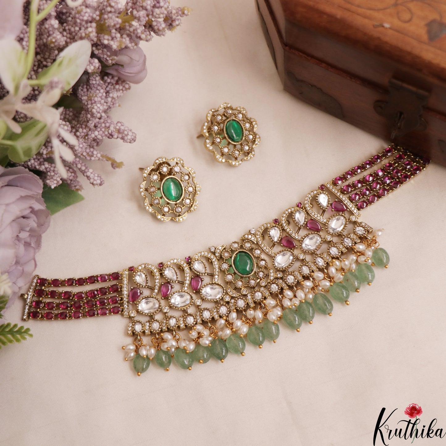 Sparkling Teardrop Motifs Polki Victorian Choker With Green Bead Drops NC3006