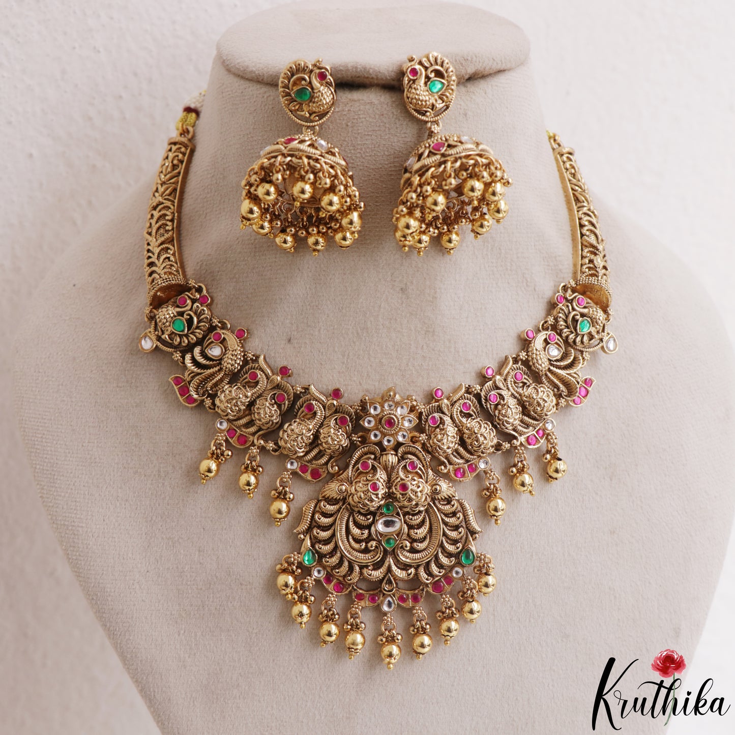 Gorgeous Antique Peacock Motifs Temple Necklace With Bead Drops NC3139 (Available In 2 Colors)