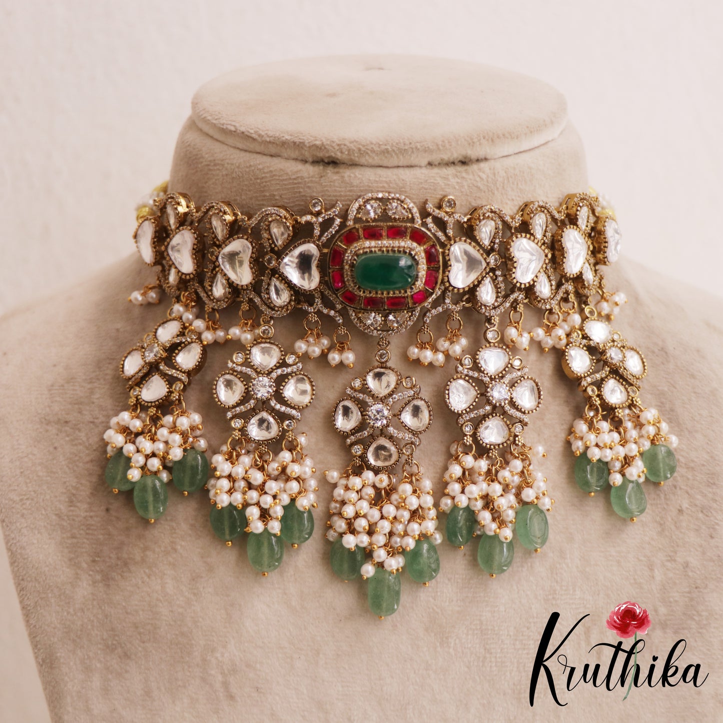 Stunning Floral Moissanite Jadau Choker With Pearl And Bead Drops NC2900