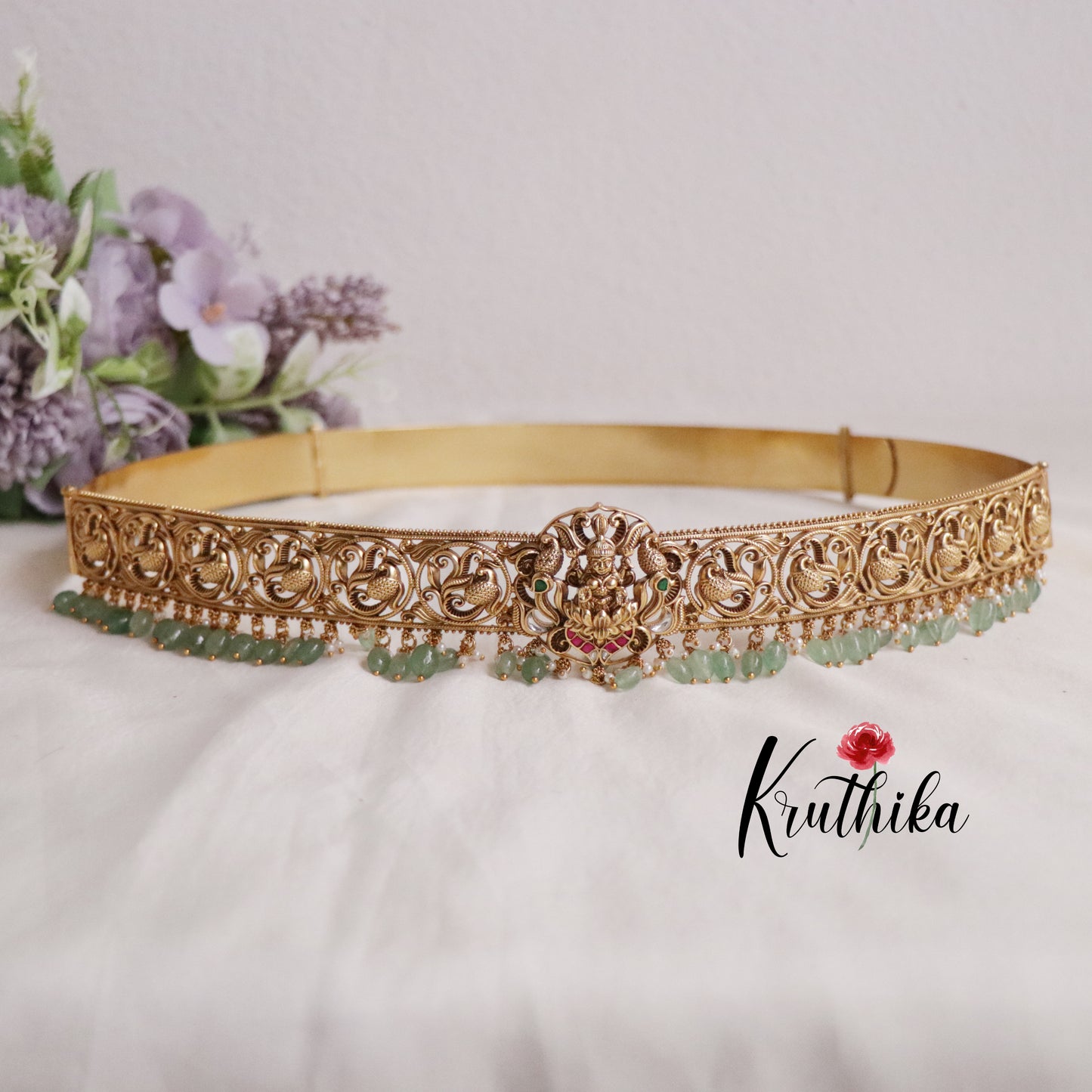 Gorgeous Light Weight Lakshmi Devi Jadau Hip Belt with Beads Drops V272 (Available in 2 Colours)
