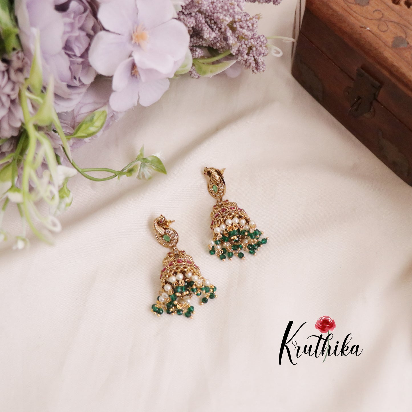 Simple Kemp Peacock Jhumka with Beads Drops E633  (Available in 3 Colors)