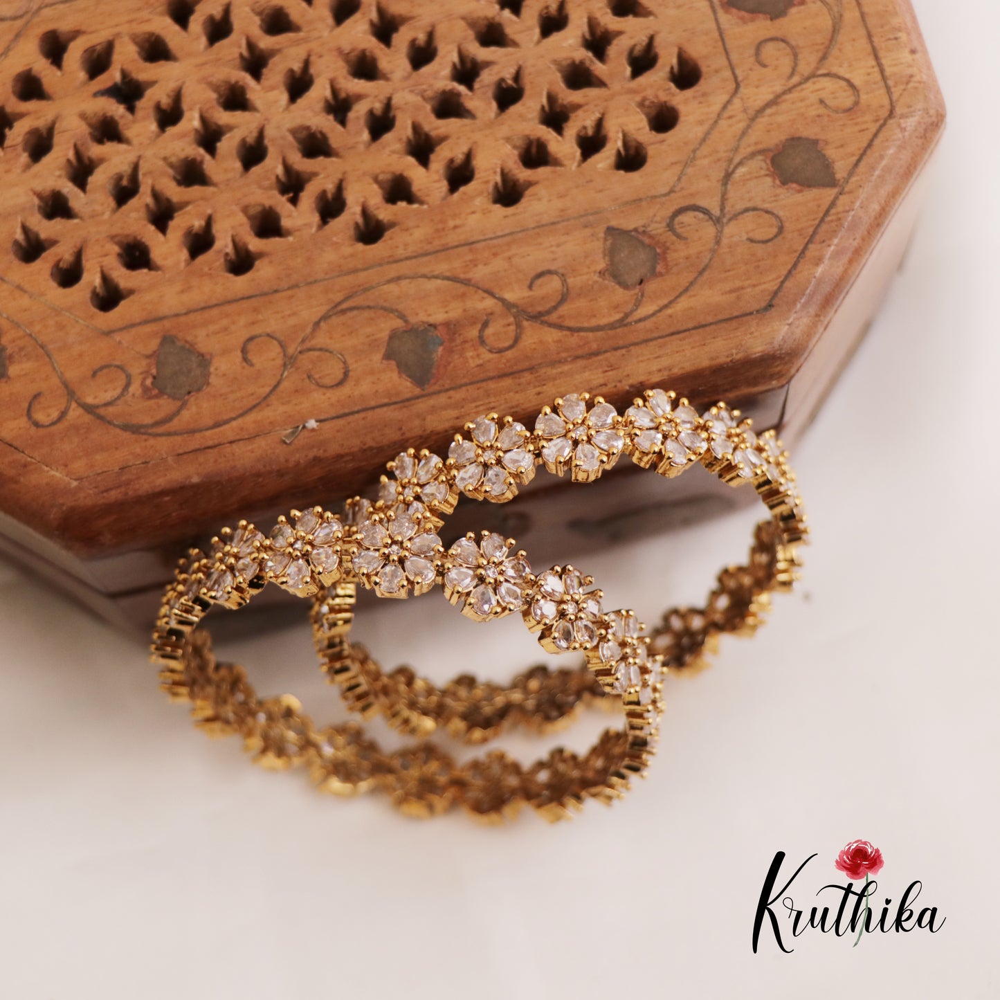 Sparkling Floral Motifs AD Bangles B433 (Set Of 2)