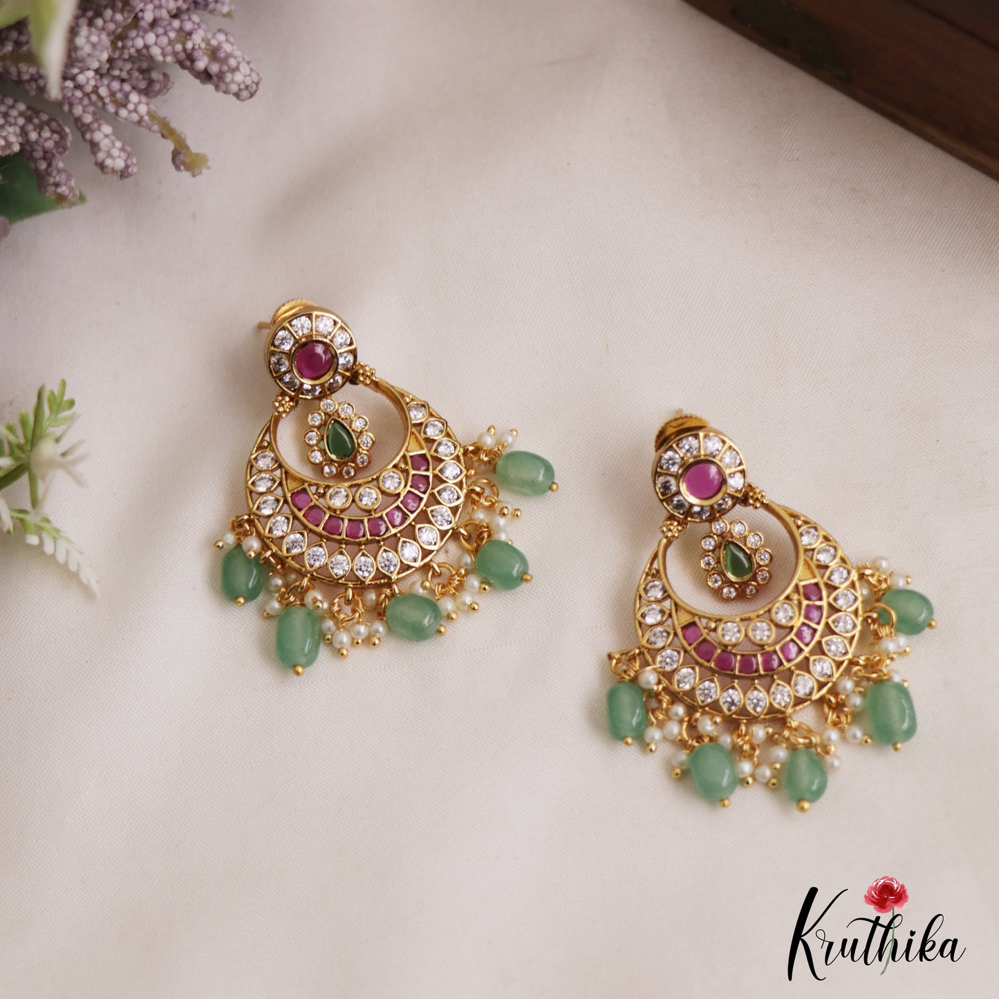 Classic Floral Motifs Chandbali AD Earrings With Bead Drops E1089 (Available In 2 Colors)