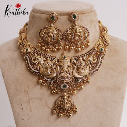 Premium Bridal Antique Temple Lakshmi Neckalce with Beads Drops NC2224 (Available in 2 Colors)