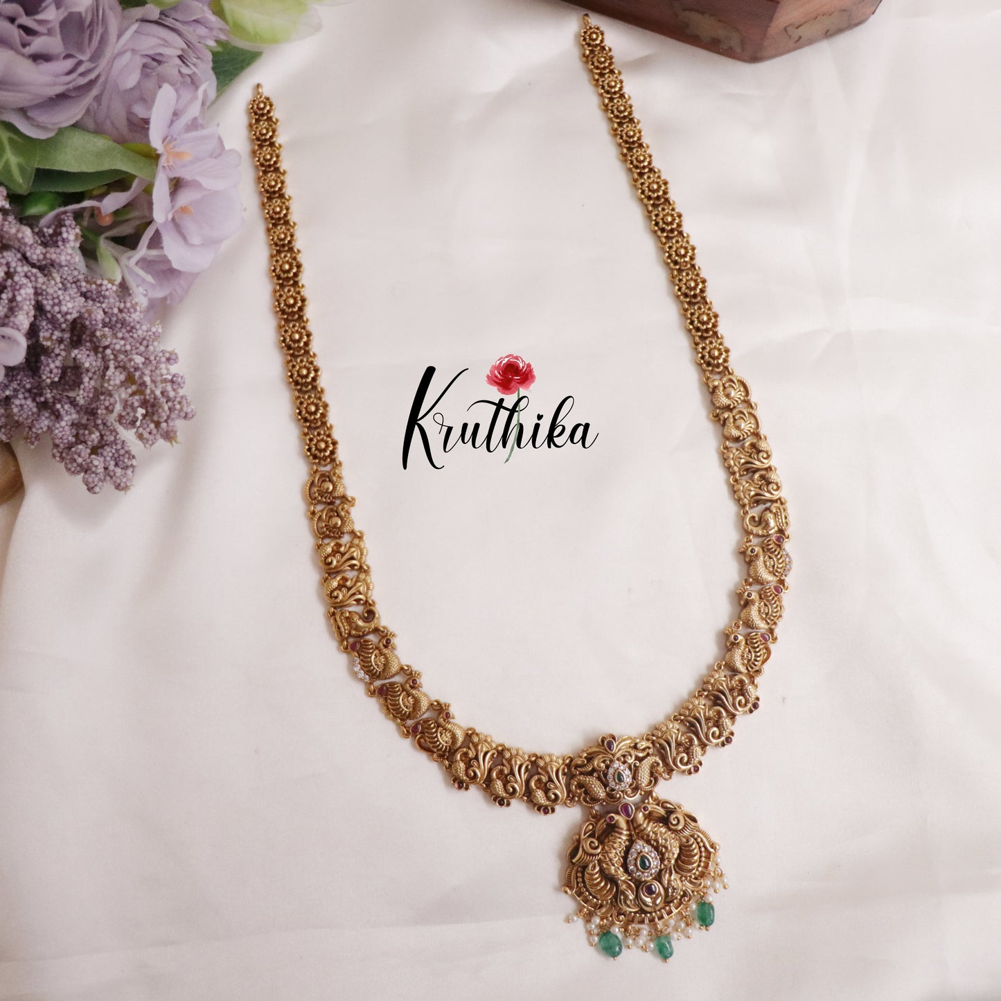 Beautiful Antique Peacock Haaram with Green Beads Drops LH1958