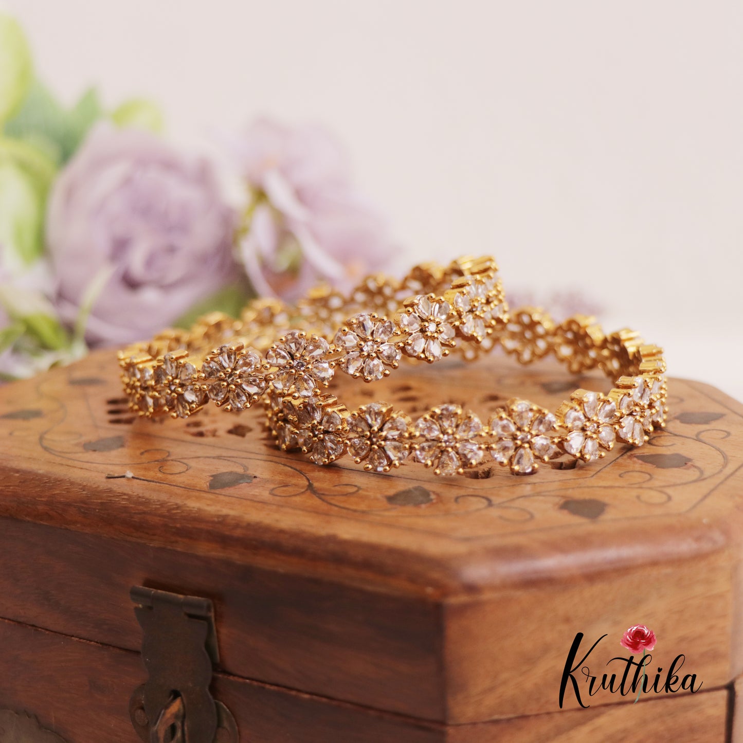 Sparkling Floral Motifs AD Bangles B433 (Set Of 2)