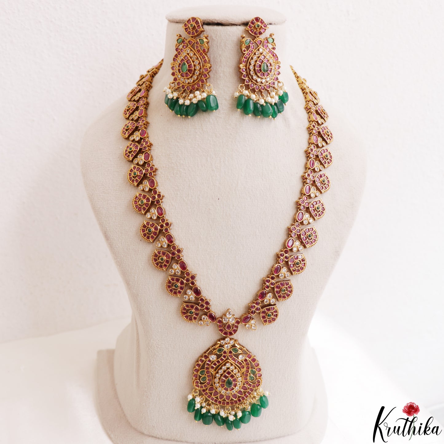 Premium Peacock Floral Motifs Kemp Haaram With Green Bead Drops LH2190