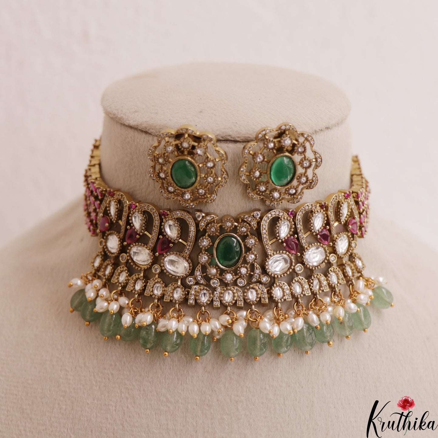 Sparkling Teardrop Motifs Polki Victorian Choker With Green Bead Drops NC3006