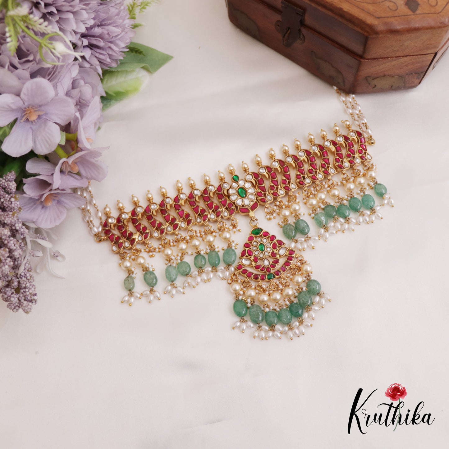 Beautiful Floral Peacock Motifs Jadau Choker With Triple Strand Pearl Chains NC2694