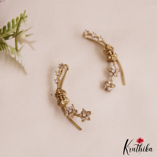 Trendy AD Floral Motifs Gold Finish Ear Climbers / Ear cuffs E1030