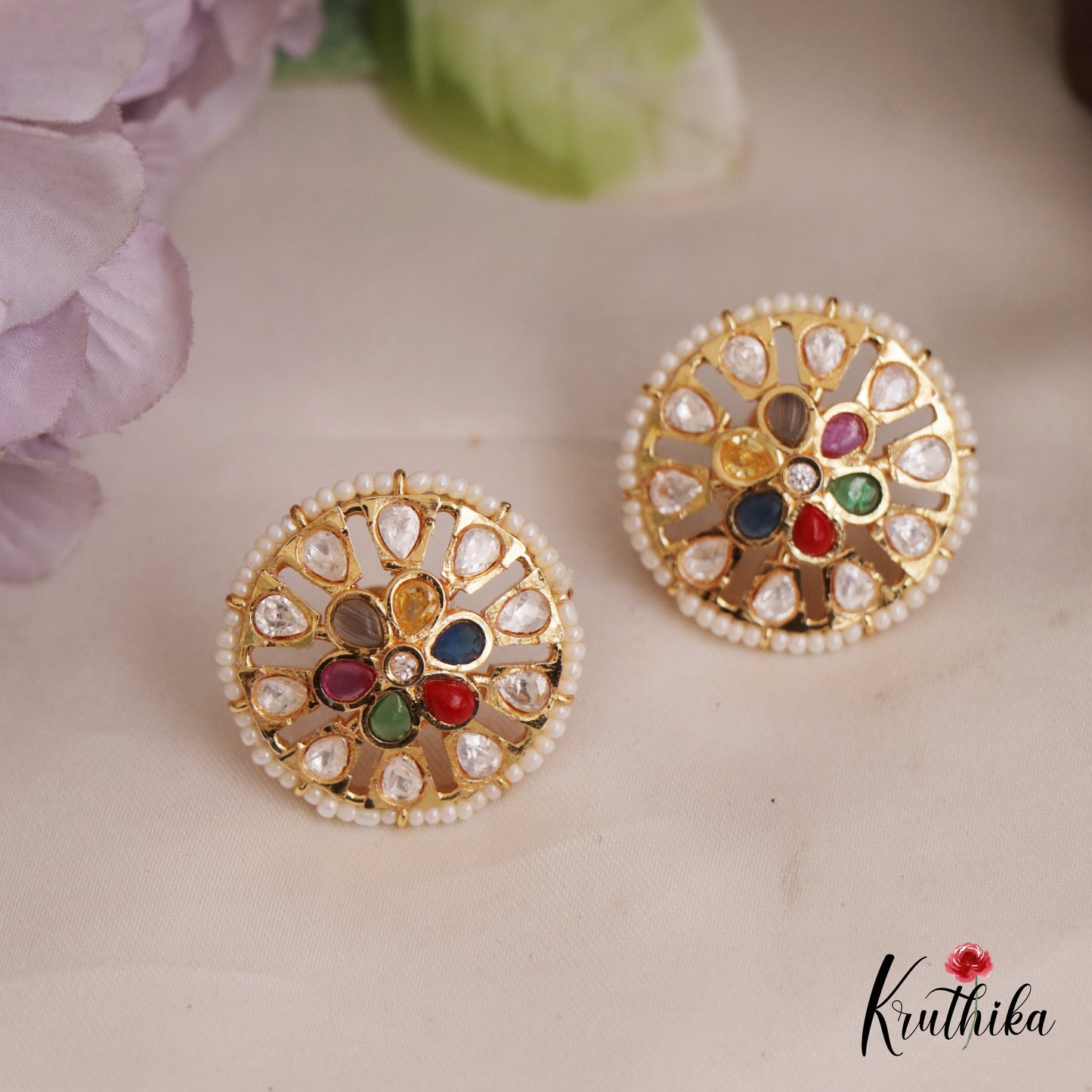 Trendy Pearl Border Floral Motifs AD Stud Earrings E991 (Available In 6 Colors)