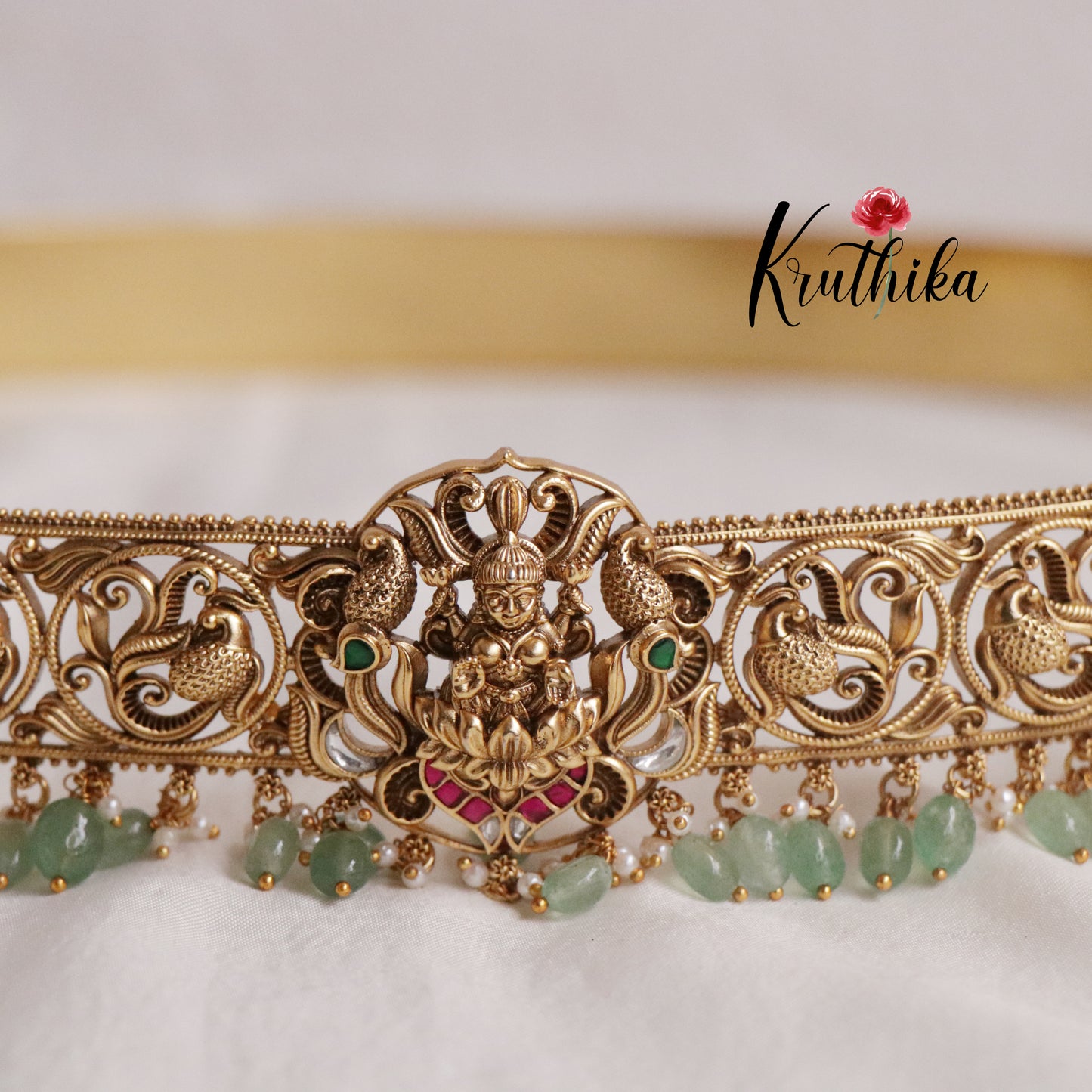 Gorgeous Light Weight Lakshmi Devi Jadau Hip Belt with Beads Drops V272 (Available in 2 Colours)