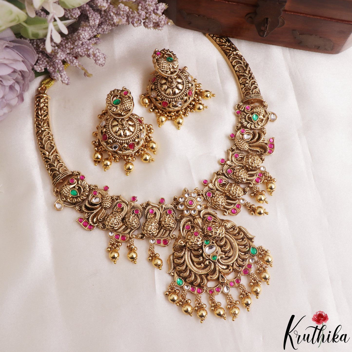 Gorgeous Antique Peacock Motifs Temple Necklace With Bead Drops NC3139 (Available In 2 Colors)