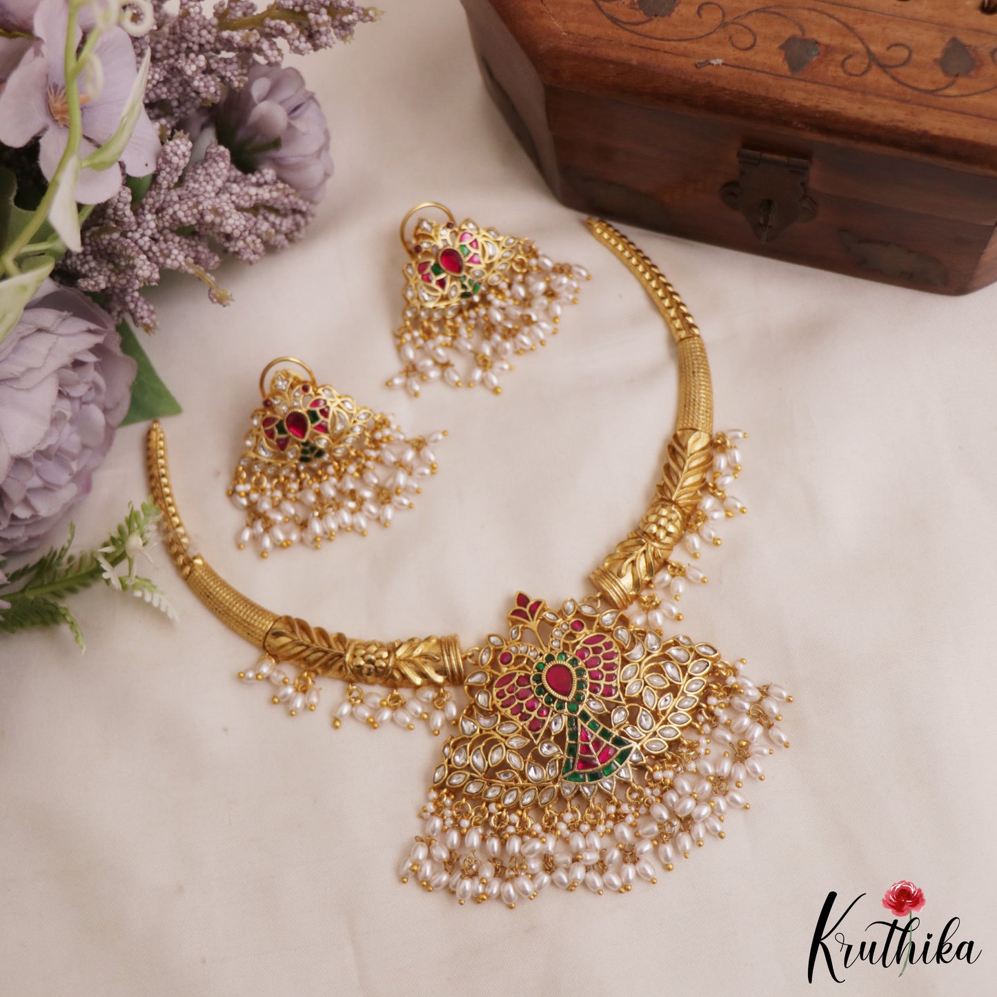 Gorgeous Peacock Motifs Jadau Hasli Necklace With Pearl Drops NC2970 (Available In 3 Colors)