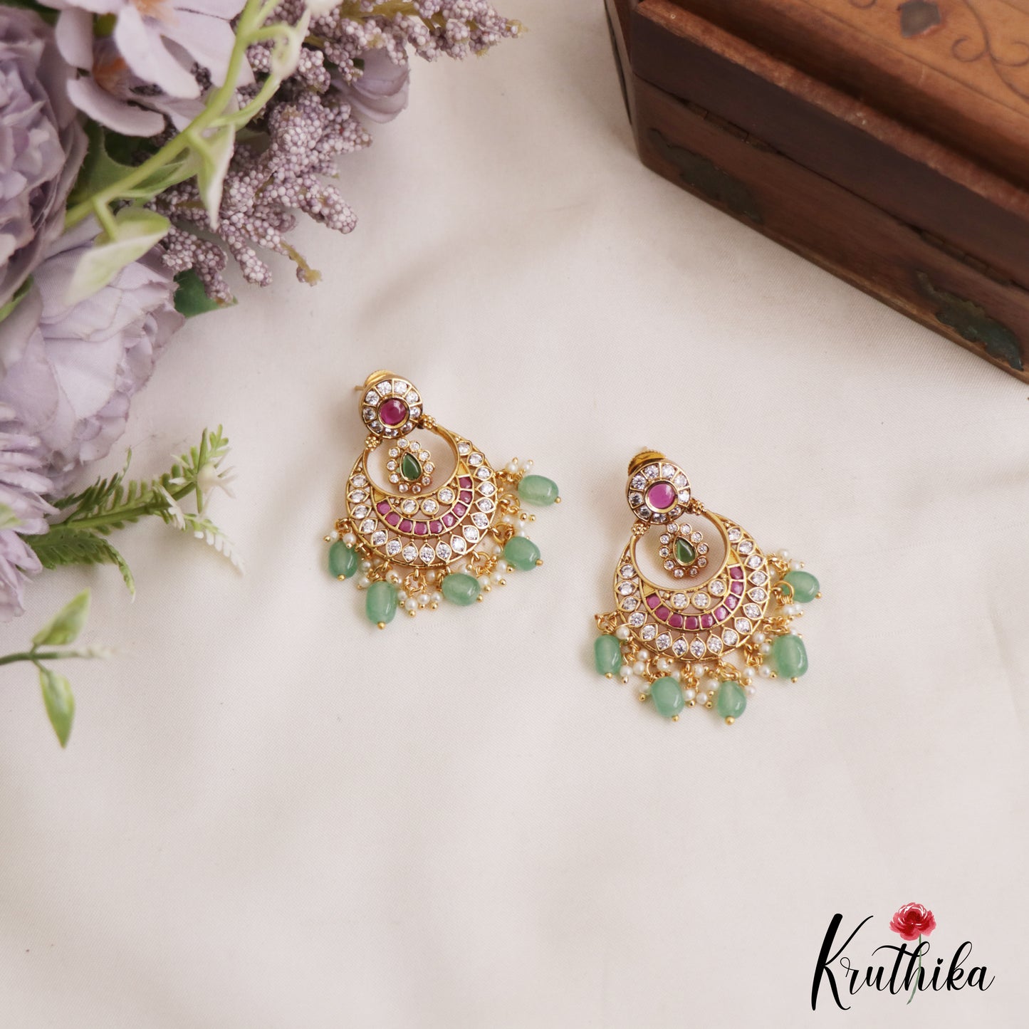 Classic Floral Motifs Chandbali AD Earrings With Bead Drops E1089 (Available In 2 Colors)