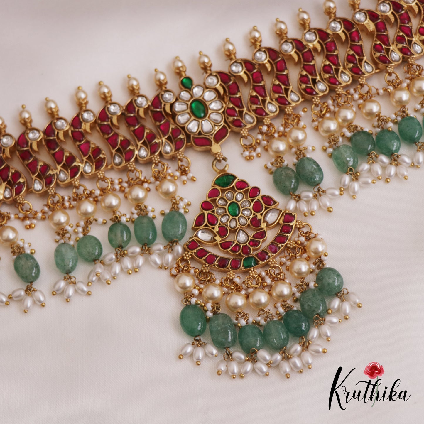 Beautiful Floral Peacock Motifs Jadau Choker With Triple Strand Pearl Chains NC2694