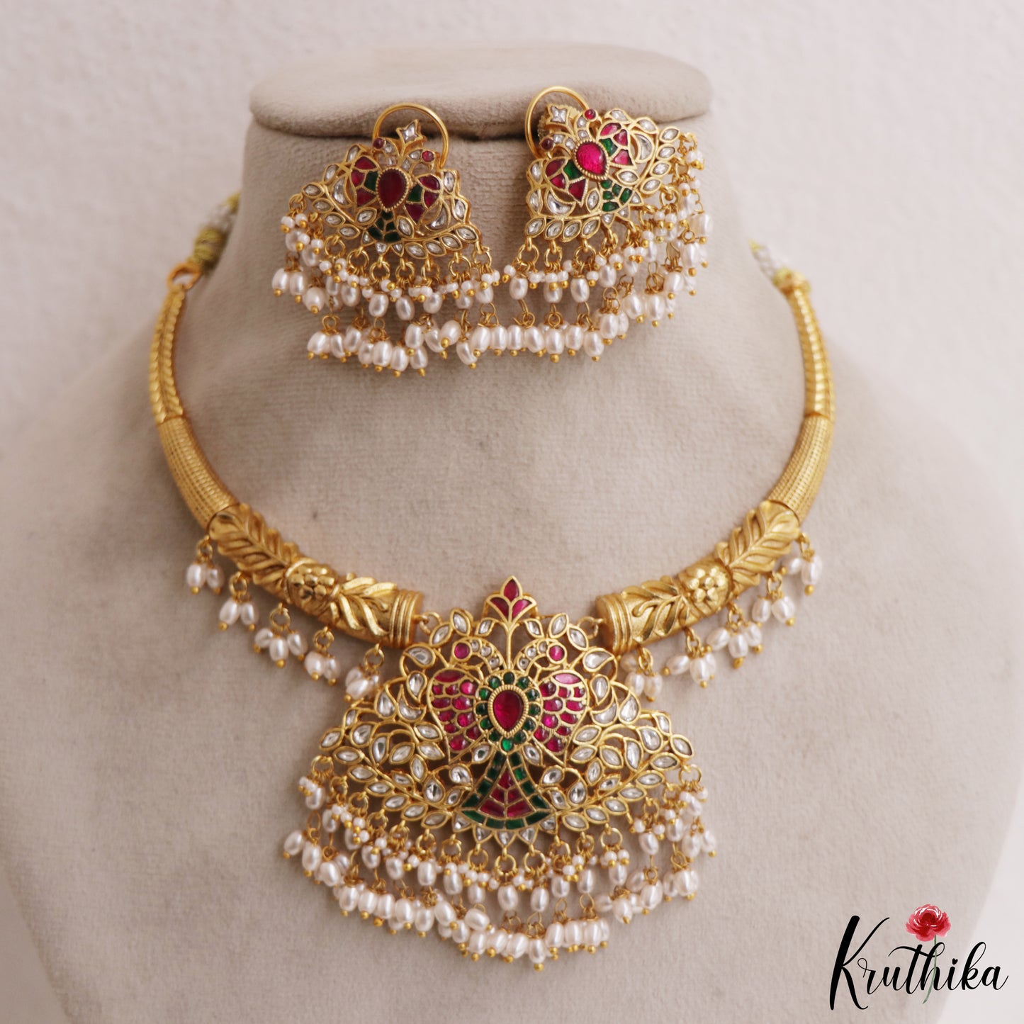 Gorgeous Peacock Motifs Jadau Hasli Necklace With Pearl Drops NC2970 (Available In 3 Colors)