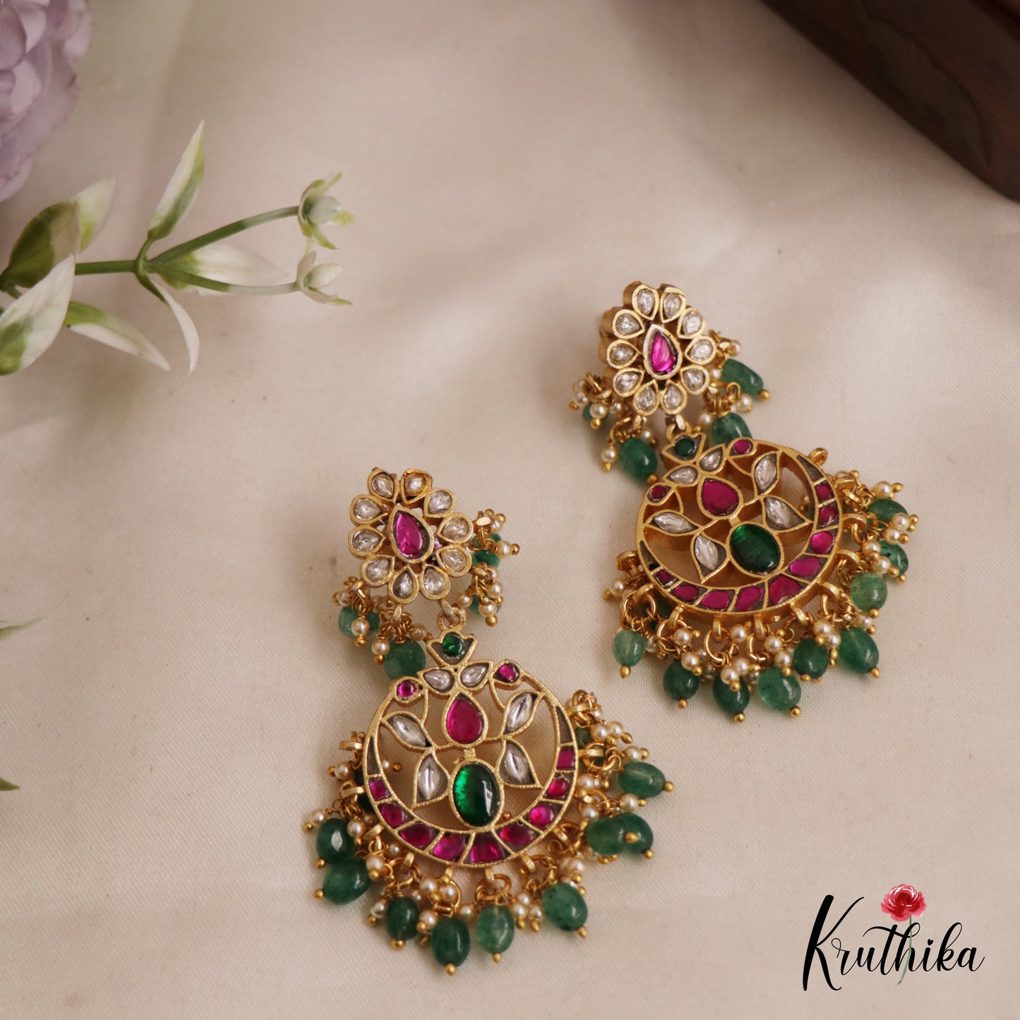 Gorgeous Floral Chandbali Jadau Earrings With Pearl And Bead Drops E847