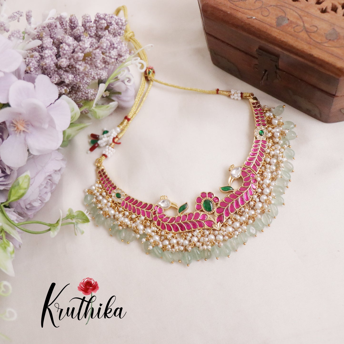 Premium Peacock Jadau Necklace with Pastel Green Beads Drops NC2205